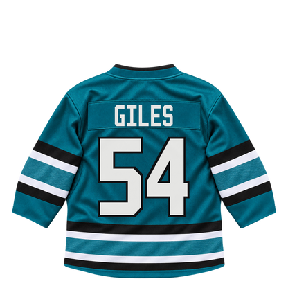 San Jose Sharks jersey keychain — Patrick Giles #54. Exact saved player artwork preview.