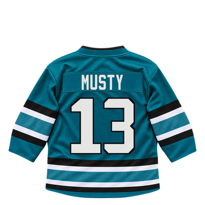 San Jose Sharks jersey keychain — Quentin Musty #13. Exact saved player artwork preview.