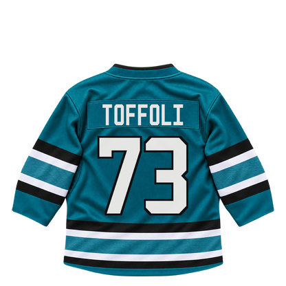 San Jose Sharks jersey keychain — Tyler Toffoli #73. Exact saved player artwork preview.