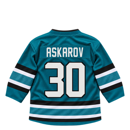 San Jose Sharks jersey keychain — Yaroslav Askarov #30. Exact saved player artwork preview.