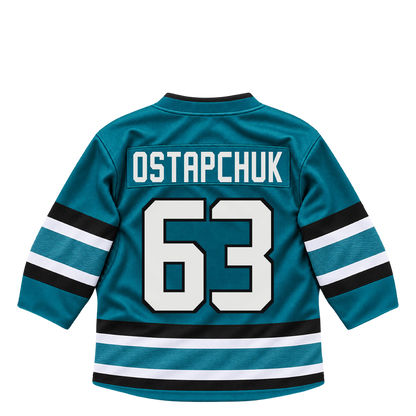 San Jose Sharks jersey keychain — Zack Ostapchuk #63. Exact saved player artwork preview.