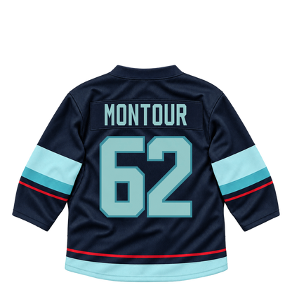 Seattle Kraken jersey keychain — Brandon Montour #62. Exact saved player artwork preview.
