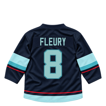 Seattle Kraken jersey keychain — Cale Fleury #8. Exact saved player artwork preview.