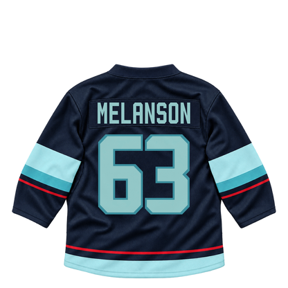 Seattle Kraken jersey keychain — Jacob Melanson #63. Exact saved player artwork preview.