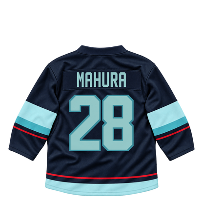 Seattle Kraken jersey keychain — Josh Mahura #28. Exact saved player artwork preview.