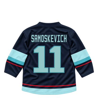Seattle Kraken jersey keychain — Mackie Samoskevich #11. Exact saved player artwork preview.