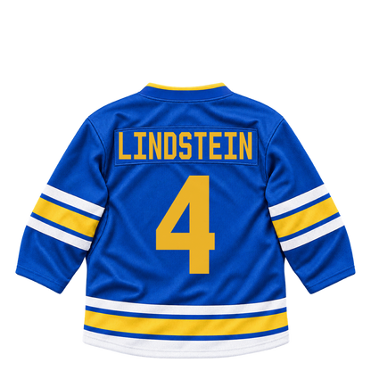 St. Louis Blues jersey keychain — Theo Lindstein #4. Exact saved player artwork preview.