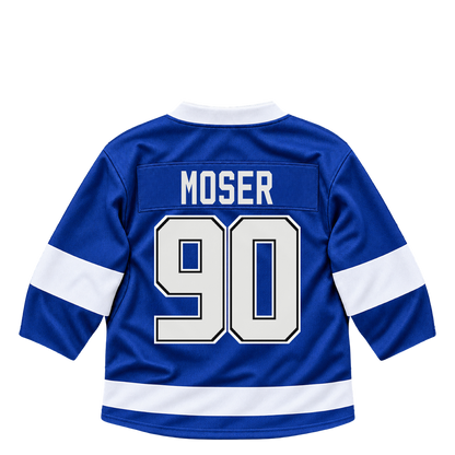 Tampa Bay Lightning jersey keychain — J.J. Moser #90. Exact saved player artwork preview.