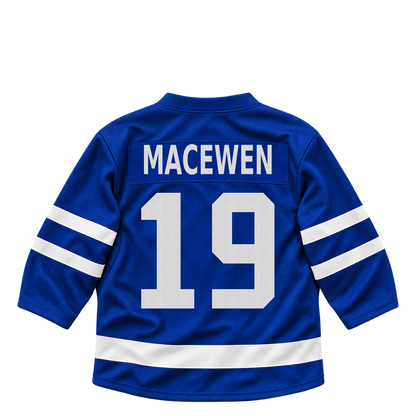 Toronto Maple Leafs jersey keychain — Zack MacEwen #19. Exact saved player artwork preview.
