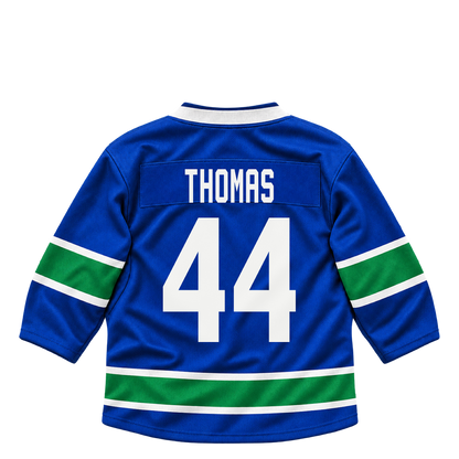 Vancouver Canucks jersey keychain — Akil Thomas #44. Exact saved player artwork preview.