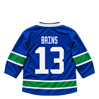 Vancouver Canucks jersey keychain — Arshdeep Bains #13. Exact saved player artwork preview.