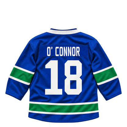 Vancouver Canucks jersey keychain — Drew O'Connor #18. Exact saved player artwork preview.