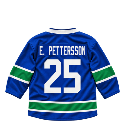 Vancouver Canucks jersey keychain — Elias Pettersson #25. Exact saved player artwork preview.