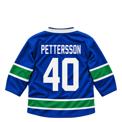 Vancouver Canucks jersey keychain — Elias Pettersson #40. Exact saved player artwork preview.