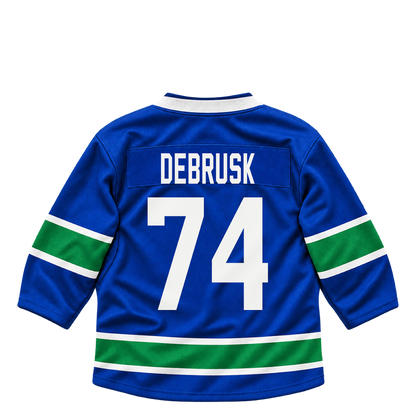 Vancouver Canucks jersey keychain — Jake DeBrusk #74. Exact saved player artwork preview.