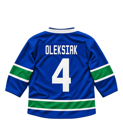 Vancouver Canucks jersey keychain — Jamie Oleksiak #4. Exact saved player artwork preview.