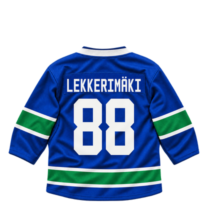 Vancouver Canucks jersey keychain — Jonathan Lekkerimaki #88. Exact saved player artwork preview.