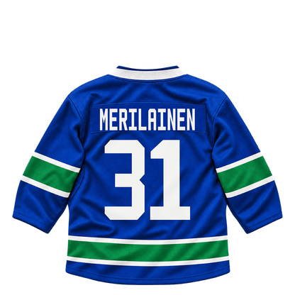 Vancouver Canucks jersey keychain — Leevi Merilainen #31. Exact saved player artwork preview.