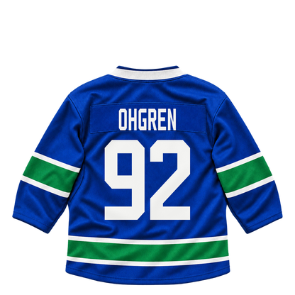 Vancouver Canucks jersey keychain — Liam Ohgren #92. Exact saved player artwork preview.