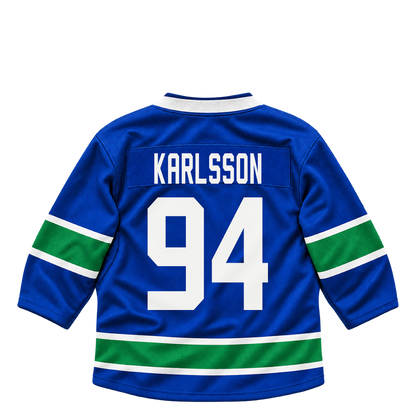 Vancouver Canucks jersey keychain — Linus Karlsson #94. Exact saved player artwork preview.