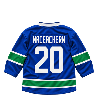 Vancouver Canucks jersey keychain — Mackenzie MacEachern #20. Exact saved player artwork preview.
