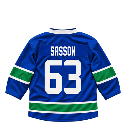 Vancouver Canucks jersey keychain — Max Sasson #63. Exact saved player artwork preview.