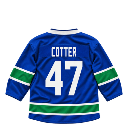 Vancouver Canucks jersey keychain — Paul Cotter #47. Exact saved player artwork preview.