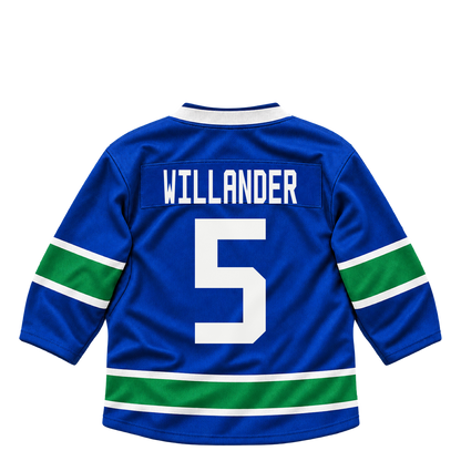 Vancouver Canucks jersey keychain — Tom Willander #5. Exact saved player artwork preview.