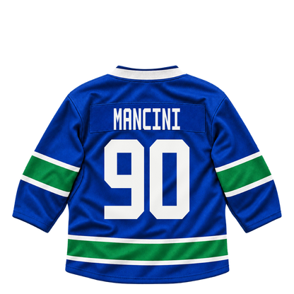 Vancouver Canucks jersey keychain — Victor Mancini #90. Exact saved player artwork preview.