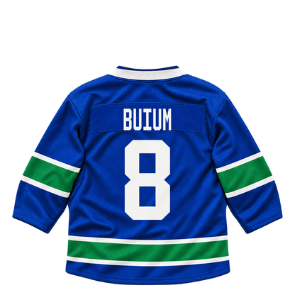 Vancouver Canucks jersey keychain — Zeev Buium #8. Exact saved player artwork preview.