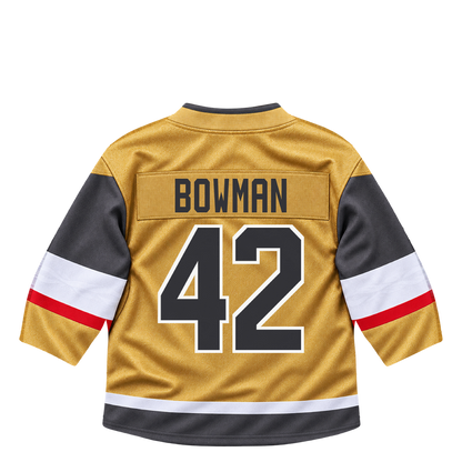 Vegas Golden Knights jersey keychain — Braeden Bowman #42. Exact saved player artwork preview.