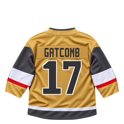 Vegas Golden Knights jersey keychain — Marc Gatcomb #17. Exact saved player artwork preview.