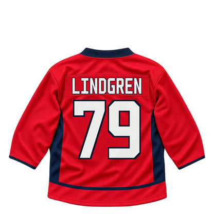 Washington Capitals jersey keychain — Charlie Lindgren #79. Exact saved player artwork preview.