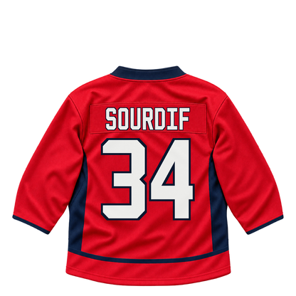 Washington Capitals jersey keychain — Justin Sourdif #34. Exact saved player artwork preview.