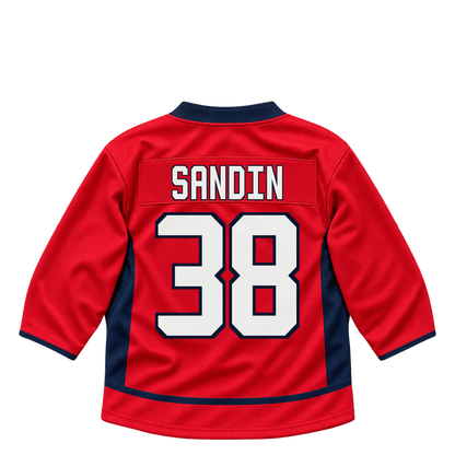 Washington Capitals jersey keychain — Rasmus Sandin #38. Exact saved player artwork preview.