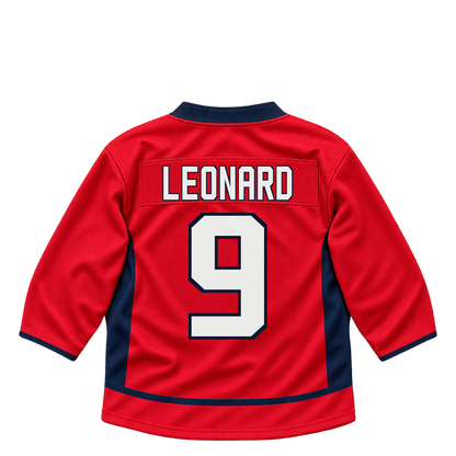 Washington Capitals jersey keychain — Ryan Leonard #9. Exact saved player artwork preview.