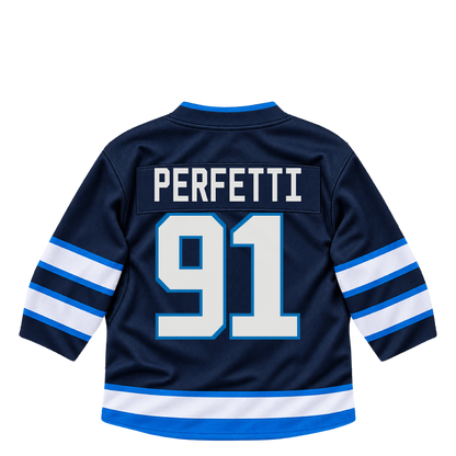 Winnipeg Jets jersey keychain — Cole Perfetti #91. Exact saved player artwork preview.
