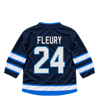 Winnipeg Jets jersey keychain — Haydn Fleury #24. Exact saved player artwork preview.