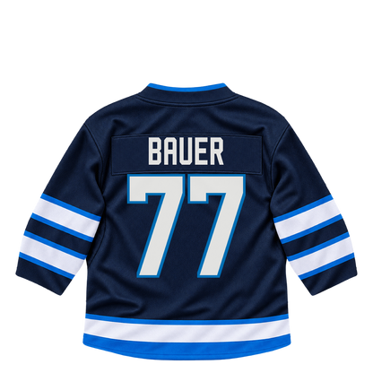 Winnipeg Jets jersey keychain — Tyrel Bauer #77. Exact saved player artwork preview.