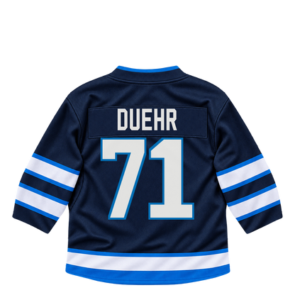 Winnipeg Jets jersey keychain — Walker Duehr #71. Exact saved player artwork preview.