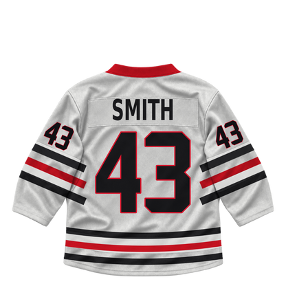 Niagara IceDogs jersey keychain — Reyth Smith #43 — Home White. Exact saved player artwork preview.