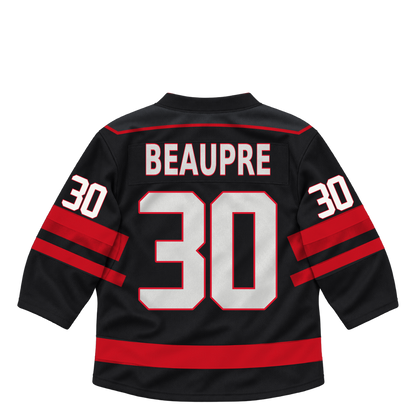 Niagara IceDogs jersey keychain — Alex Beaupre #30 — Away Black. Exact saved player artwork preview.
