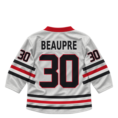 Niagara IceDogs jersey keychain — Alex Beaupre #30 — Home White. Exact saved player artwork preview.