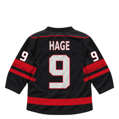 Niagara IceDogs jersey keychain — Alexander Hage #9 — Away Black. Exact saved player artwork preview.