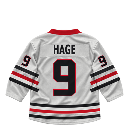 Niagara IceDogs jersey keychain — Alexander Hage #9 — Home White. Exact saved player artwork preview.