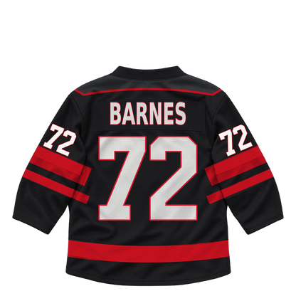Niagara IceDogs jersey keychain — Blake Barnes #72 — Away Black. Exact saved player artwork preview.