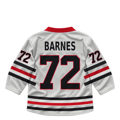Niagara IceDogs jersey keychain — Blake Barnes #72 — Home White. Exact saved player artwork preview.