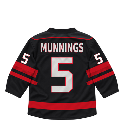 Niagara IceDogs jersey keychain — Blake Munnings #5 — Away Black. Exact saved player artwork preview.