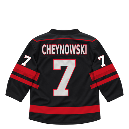 Niagara IceDogs jersey keychain — Callum Cheynowski #7 — Away Black. Exact saved player artwork preview.