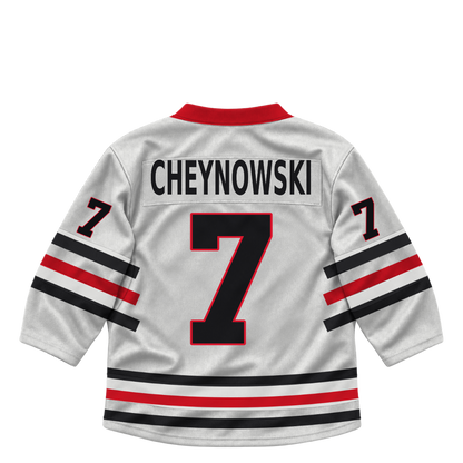 Niagara IceDogs jersey keychain — Callum Cheynowski #7 — Home White. Exact saved player artwork preview.